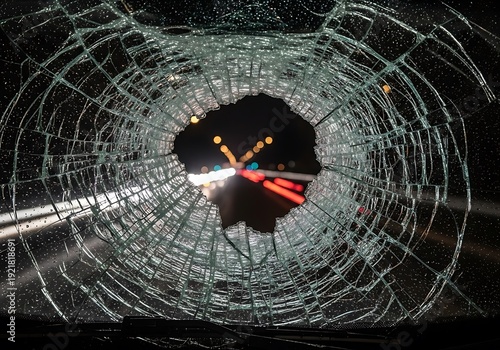 View through a shattered windshield at a blurred highway at night with light trails