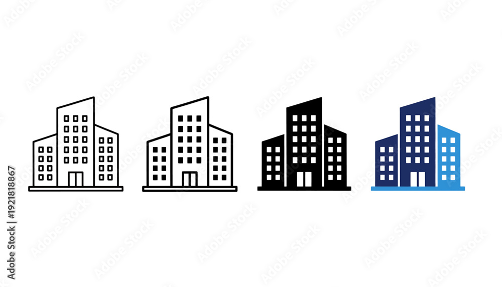 Obraz premium Modern city building icon set. Includes four different colored office buildings. Created in flat vector style with monochromatic color palette.