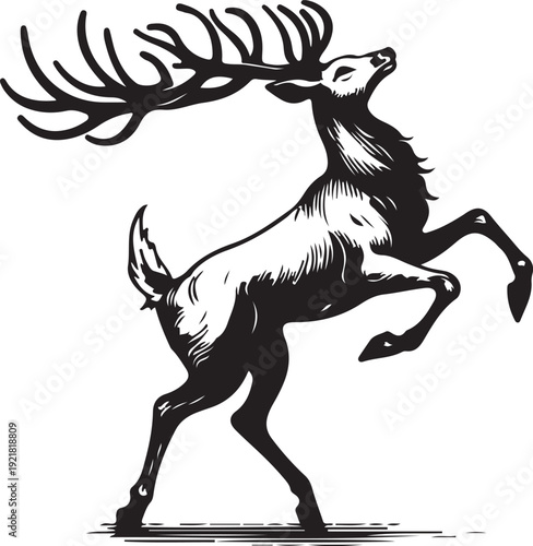 majestic deer stag rising on hind legs sketch engraving generative ai fictional character PNG illustration. Scratch board imitation. Black and white