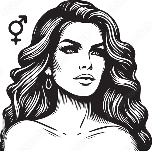  Transgender woman with wavy hair, wearing earrings, with a gender symbol, evoking beauty, strength, and identity sketch engraving generative ai vector illustration. Scratch board. Black and white.