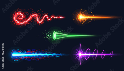Colorful neon light beams and effects vector set. Includes red, orange, green, blue, and purple glowing lines and sparks. Created in vibrant style with bright colors.