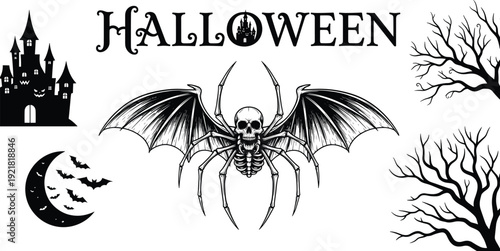 Halloween gothic illustration set, skull bat with wings haunted castle moon dead trees vector design isolated on light background
