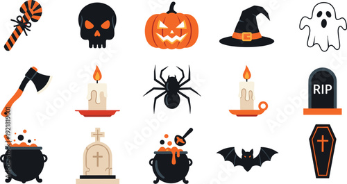 Halloween icons set, spooky holiday symbols collection, pumpkin skull witch hat ghost coffin candle spider vector illustration isolated on white background