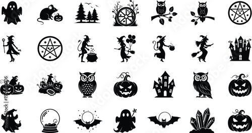 Halloween silhouette icon set, witch ghost owl pumpkin castle bat magic symbols vector illustration collection isolated on light background