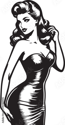  pin-up woman in a form-fitting dress, posing, vintage fashion sketch engraving generative ai fictional character vector illustration. Scratch board imitation. Black and white