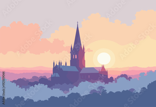 Norwich Cathedrals spire piercing layer lowhanging clouds Soft pastel sunset colors Ethereal art