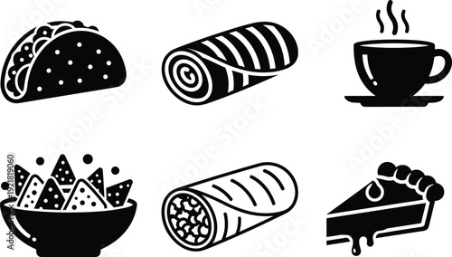 Food and drink icon set with tacos burritos sushi coffee and dessert, black silhouette vector illustration isolated on white background