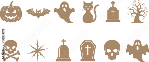 Halloween silhouette icons set, spooky pumpkin bat ghost skull tombstone coffin tree vector collection, monochrome flat design isolated on light background