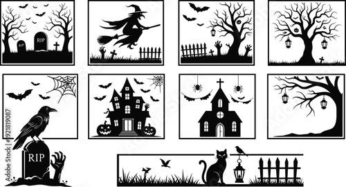 Halloween silhouette scene bundle vector illustration, spooky graveyard witch haunted house raven church tree black and white design collection