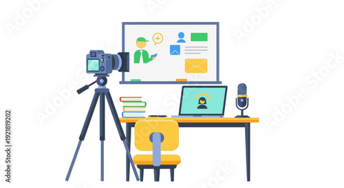 E-learning Video Production Studio Setup. Online Course Creation, Live Streaming, Vlogging, and Digital Education Workspace Illustration
