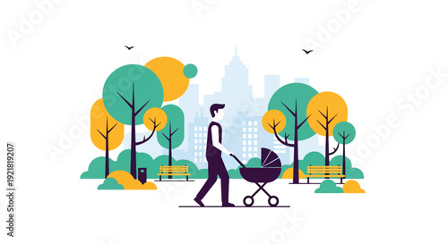 Modern vector illustration of father pushing stroller in park pathway in flat solid color style representing active fatherhood, outdoor bonding and modern parenting lifestyle
