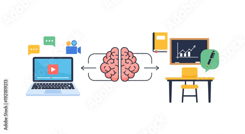 E-Learning and Cognitive Process Illustration. Digital Education, Brain, Knowledge Transfer, and Blended Learning Technology Concept.