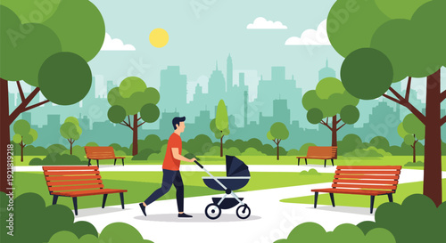 Modern vector illustration of father pushing stroller in park pathway in flat solid color style representing active fatherhood, outdoor bonding and modern parenting lifestyle