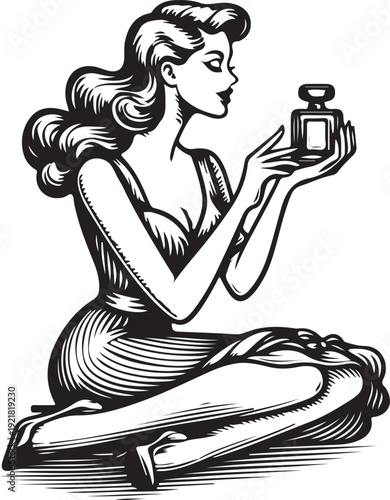 woman holding a perfume bottle, exuding elegance and sophistication in vintage style sketch engraving generative ai vector illustration. Scratch board imitation. Black and white