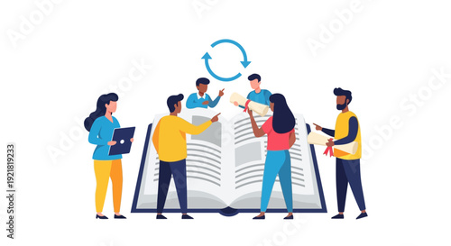 Continuous Learning and Knowledge Exchange Concept. Diverse Students Collaborating on a Giant Open Book. Academic Study Group and Professional Training Vector.
