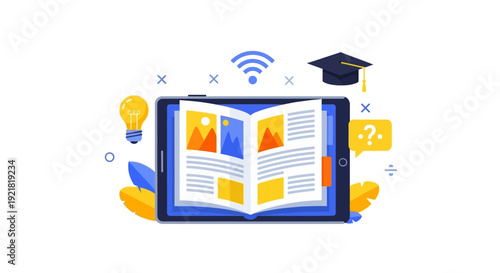 Online Education Concept. E-Learning Platform on Digital Tablet with Open Book, WiFi, Graduation Cap, and Idea Bulb. Remote University Study.