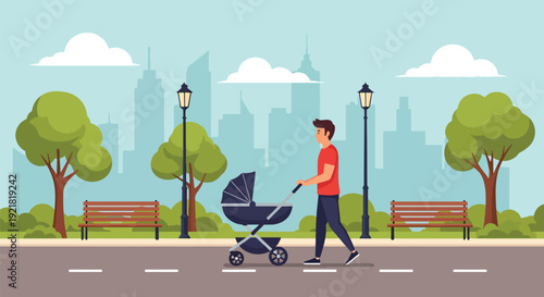 Modern vector illustration of father pushing stroller in park pathway in flat solid color style representing active fatherhood, outdoor bonding and modern parenting lifestyle