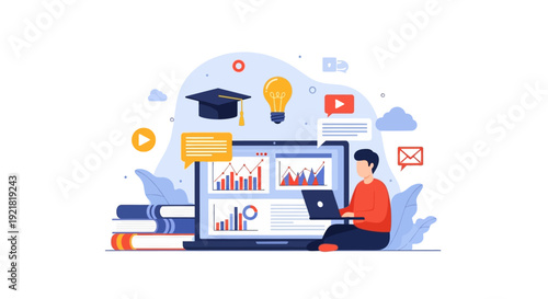 Remote E-Learning and Data Analysis Illustration. Student studying online using a laptop with knowledge symbols, books, and charts.