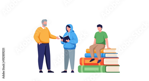 Higher Education and Mentorship Illustration: Diverse Students Reading, Teacher Guiding, and Academic Knowledge Stack of Books Concept.