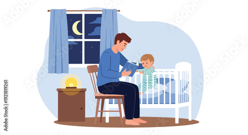 Modern vector illustration of father reading bedtime story beside crib in flat solid color style highlighting nurturing fatherhood, emotional bonding and supportive parenting routine