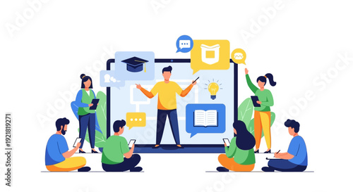 Digital Education and Online Course Concept: Flat Illustration of Teacher Presenting Webinar to Students via Large Screen, Mentorship, and Training.
