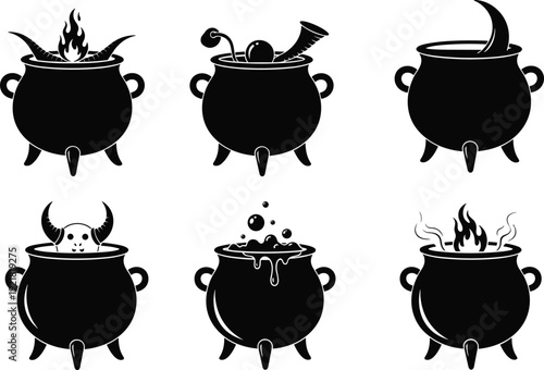 Halloween witch cauldron silhouette set vector illustration, spooky magic potion pot with fire smoke bubbles and horns black icon collection