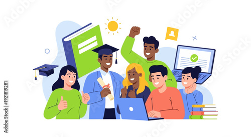 Diverse Graduates Celebrating Success: Happy Students with Diploma, Cap, and Laptops Illustrating Academic Achievement and Higher Education Completion.