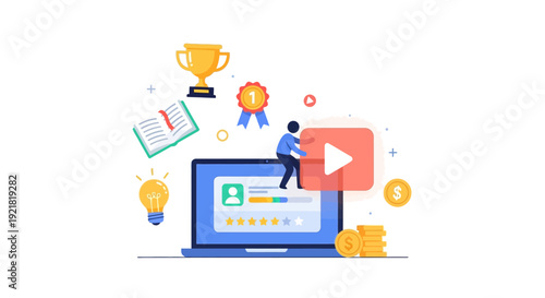 E-Learning Success and Achievement Illustration. Digital Course Development, Video Tutorial, Feedback, and Online Monetization.