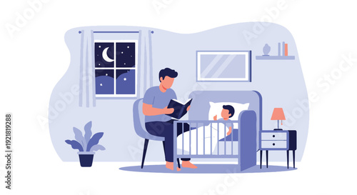 Modern vector illustration of father reading bedtime story beside crib in flat solid color style highlighting nurturing fatherhood, emotional bonding and supportive parenting routine