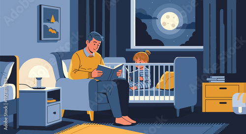 Modern vector illustration of father reading bedtime story beside crib in flat solid color style highlighting nurturing fatherhood, emotional bonding and supportive parenting routine