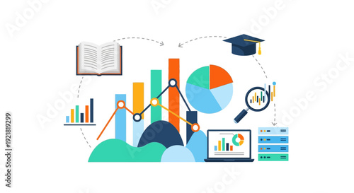 Data Science, Educational Research and Statistical Analysis Flow. Infographic with Charts, Graphs, Book, Cap, and Big Data Servers.