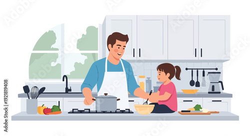 Modern vector illustration of father cooking in kitchen with child helping in flat solid color style representing involved fatherhood, teamwork and family bonding at home