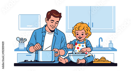 Modern vector illustration of father cooking in kitchen with child helping in flat solid color style representing involved fatherhood, teamwork and family bonding at home