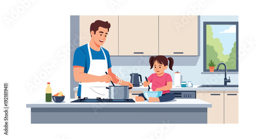 Modern vector illustration of father cooking in kitchen with child helping in flat solid color style representing involved fatherhood, teamwork and family bonding at home