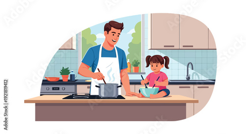 Modern vector illustration of father cooking in kitchen with child helping in flat solid color style representing involved fatherhood, teamwork and family bonding at home