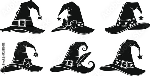 Halloween witch hat silhouettes set, decorative spooky magic hats vector illustration collection isolated on light background