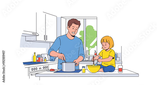 Modern vector illustration of father cooking in kitchen with child helping in flat solid color style representing involved fatherhood, teamwork and family bonding at home
