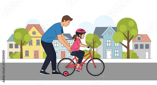 Modern vector illustration of father teaching child to ride bicycle in neighborhood street in flat solid color style symbolizing guidance, trust and supportive fatherhood