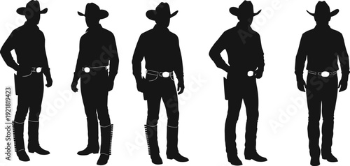 Cowboy silhouette set, wild west man, rancher, American west, western style, rodeo, vector illustration, black, isolated on white background.