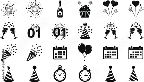 New Year celebration icons set, festive party symbols collection, fireworks champagne glasses balloons calendar cupcake clock hat vector illustration isolated on white