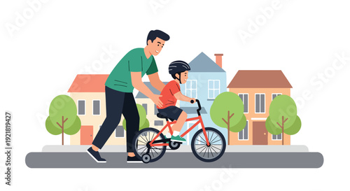 Modern vector illustration of father teaching child to ride bicycle in neighborhood street in flat solid color style symbolizing guidance, trust and supportive fatherhood