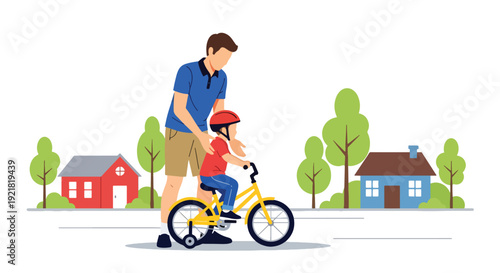 Modern vector illustration of father teaching child to ride bicycle in neighborhood street in flat solid color style symbolizing guidance, trust and supportive fatherhood