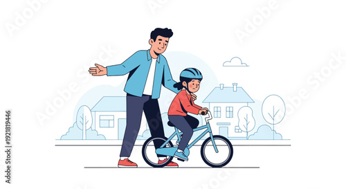 Modern vector illustration of father teaching child to ride bicycle in neighborhood street in flat solid color style symbolizing guidance, trust and supportive fatherhood