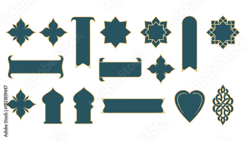 Islamic geometric ornament icon collection. Includes stars, banners, ribbons, and heart shapes. Created in traditional style with gold and teal colors