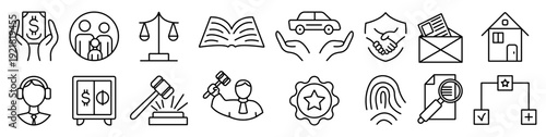 Law and justice black line icon set. Monochrome outline sign collection, judge and lawyer editable stroke isolated symbols