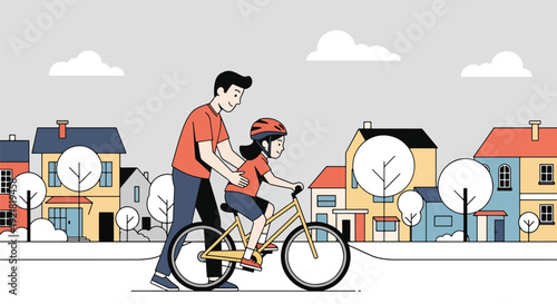 Modern vector illustration of father teaching child to ride bicycle in neighborhood street in flat solid color style symbolizing guidance, trust and supportive fatherhood