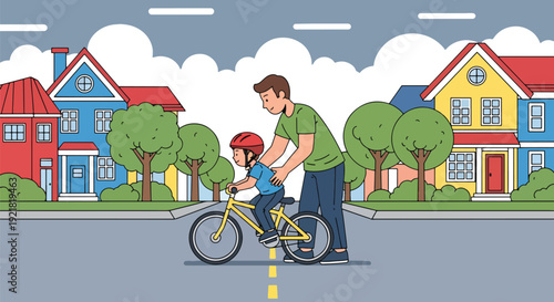 Modern vector illustration of father teaching child to ride bicycle in neighborhood street in flat solid color style symbolizing guidance, trust and supportive fatherhood