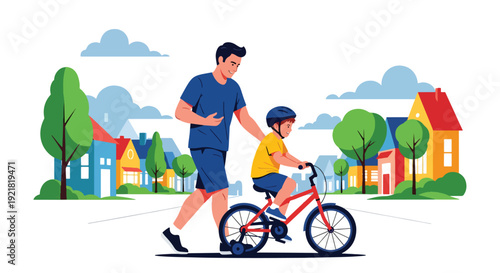 Modern vector illustration of father teaching child to ride bicycle in neighborhood street in flat solid color style symbolizing guidance, trust and supportive fatherhood