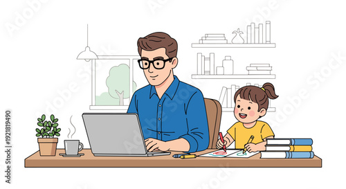Modern vector illustration of father working on laptop while child draws beside him in flat solid color style highlighting work life balance and modern fatherhood lifestyle