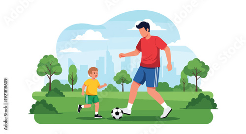 Modern vector illustration of father playing soccer with son in park field in flat solid color style celebrating active fatherhood, bonding, teamwork and healthy family lifestyle
